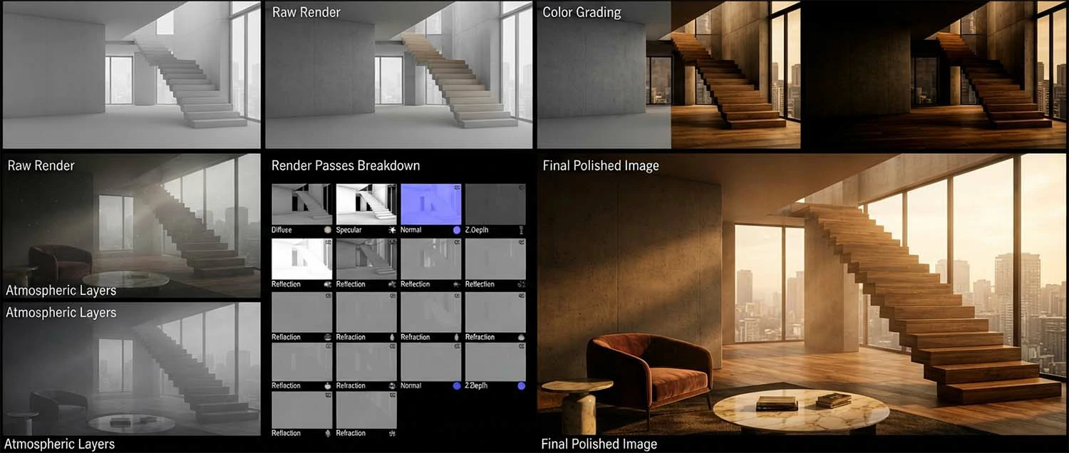 A post-production workflow showing raw render