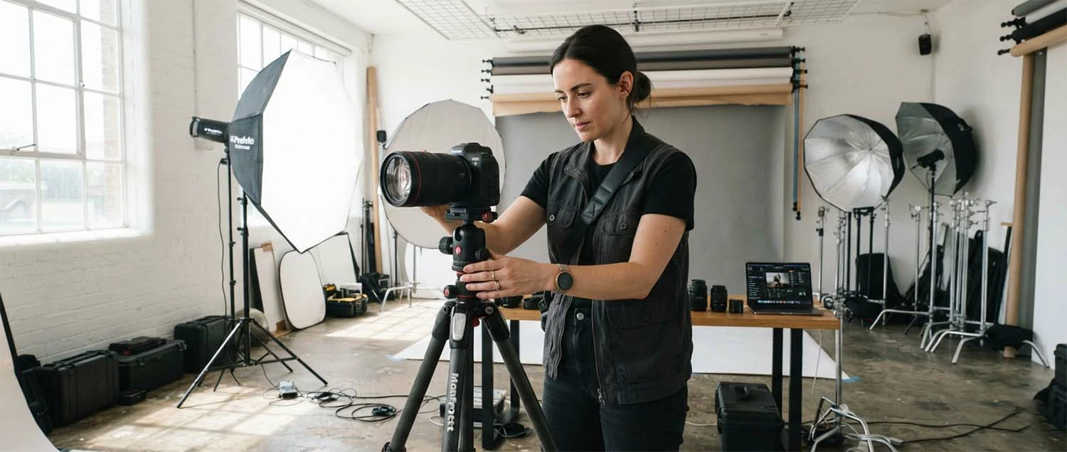 A professional photographer setting up camera equipment with natural lighting
