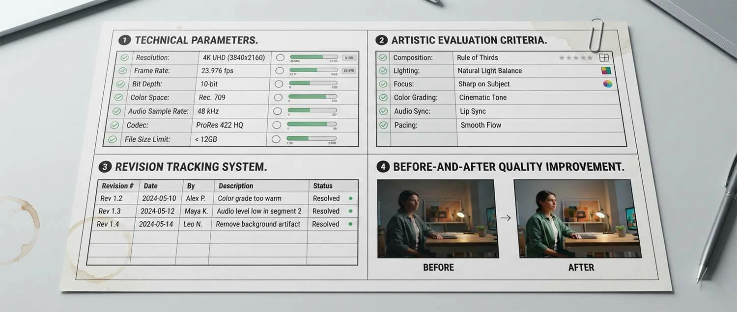 A quality control checklist showing technical parameters