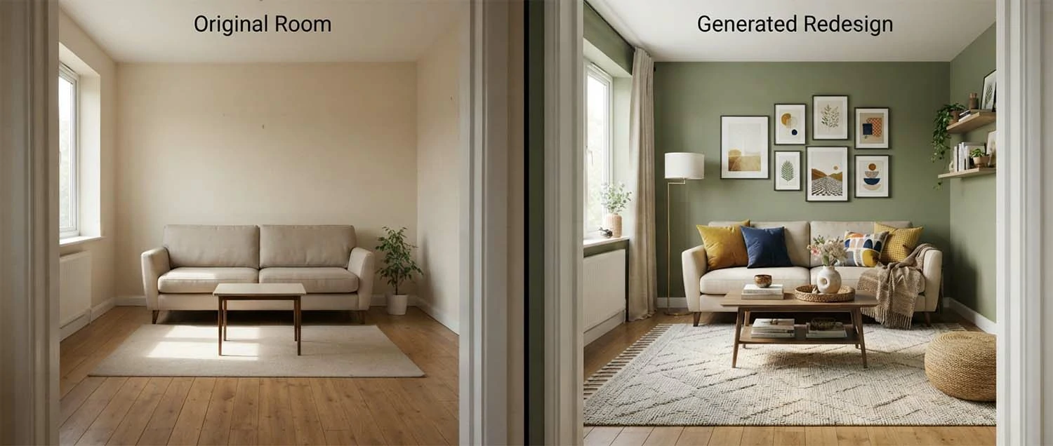 A room photo redesigned and a room generated from a description