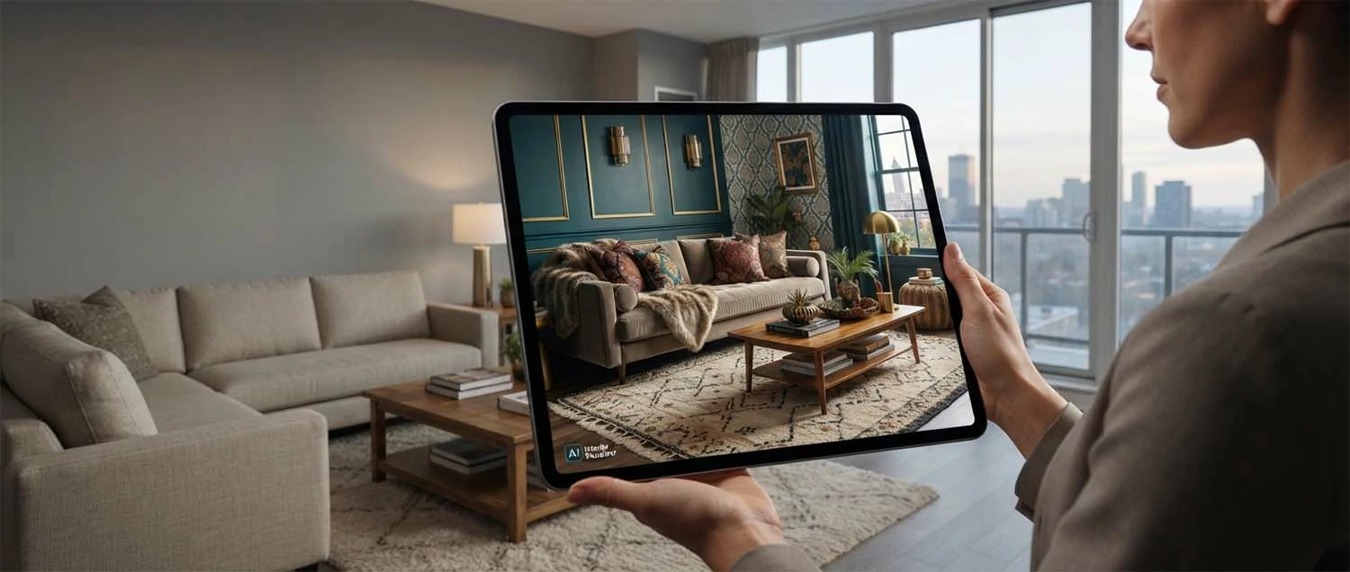 A room shown transformed into a chosen style by AI, like a magic window