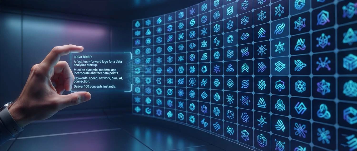A short brief turning into a wall of AI logo options instantly