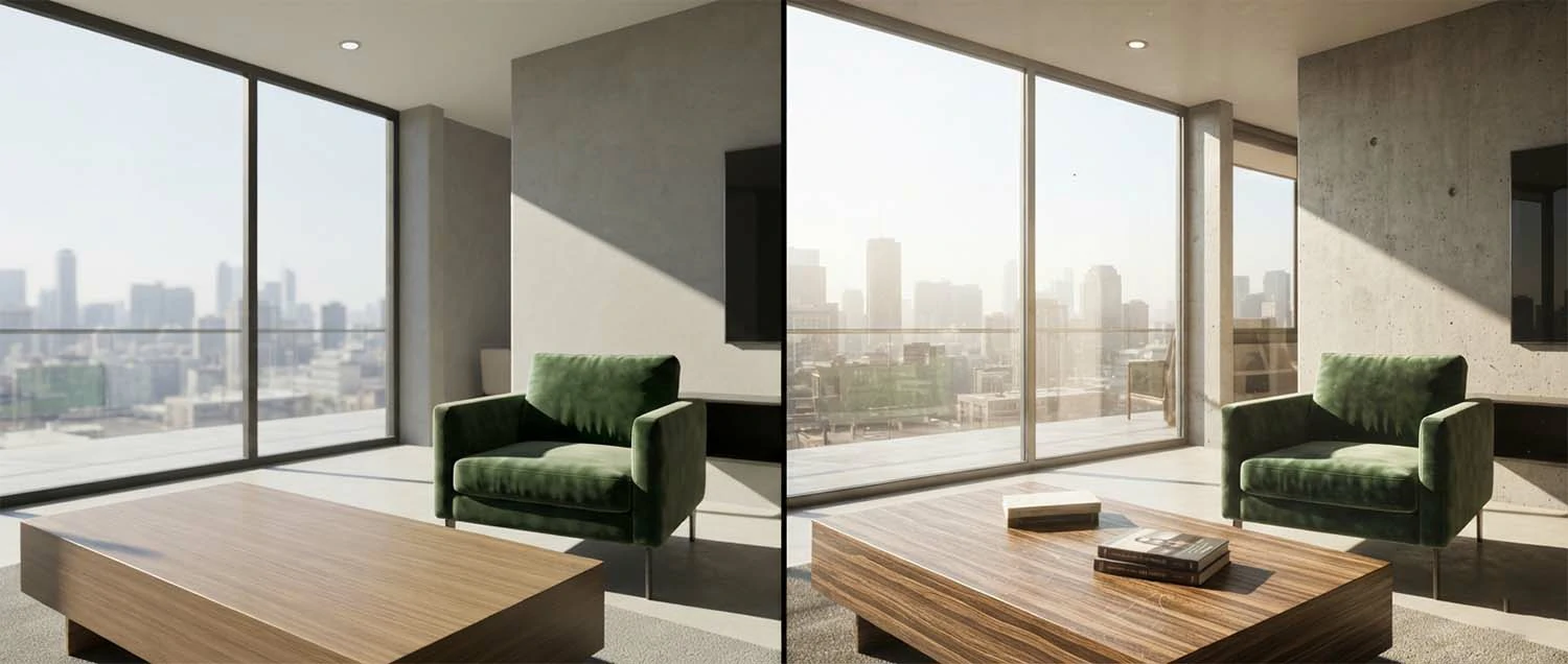 A side-by-side comparison of a standard render versus a photorealistic render showing lighting quality