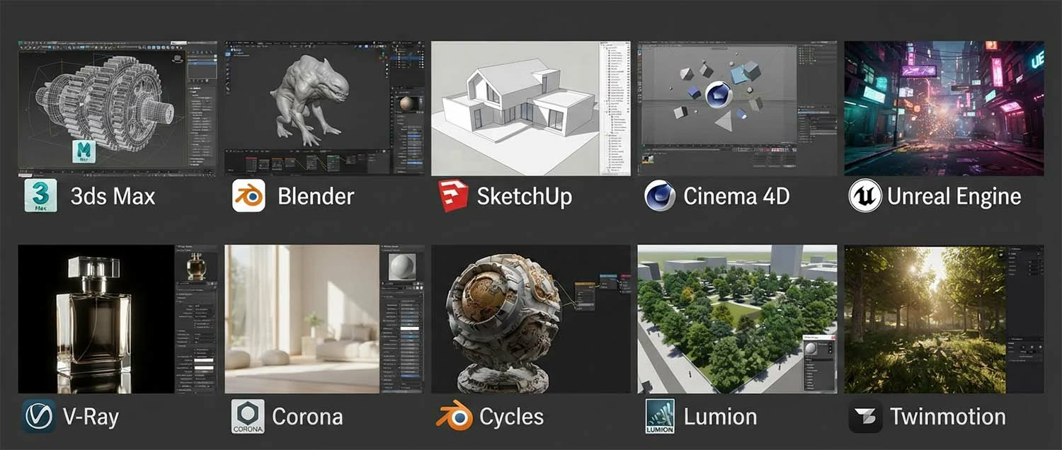 A software comparison grid showing 3ds Max