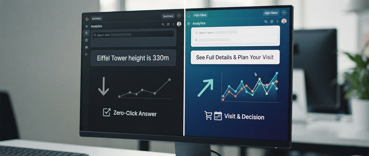 A split showing simple questions answered in-summary versus high-value questions that still drive visits and decisions