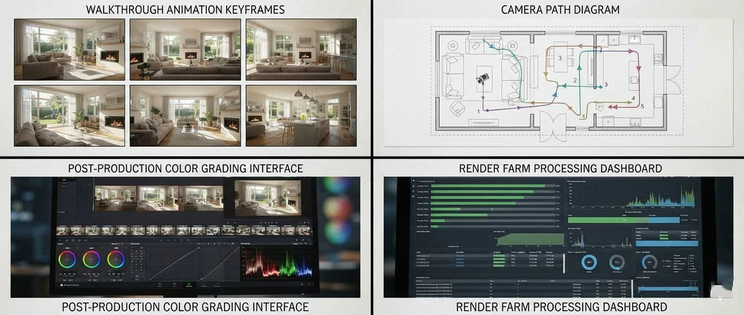 A storyboard showing key frames from a walkthrough animation