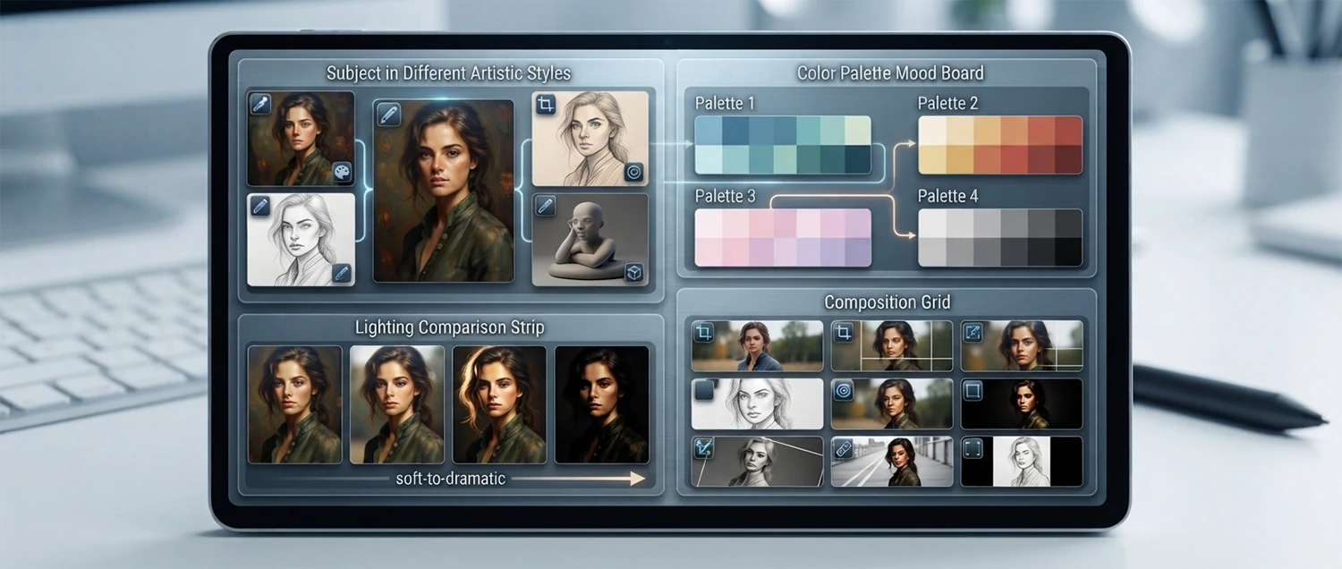 A style control showcase showing the same subject rendered in different artistic styles, with color palette mood board