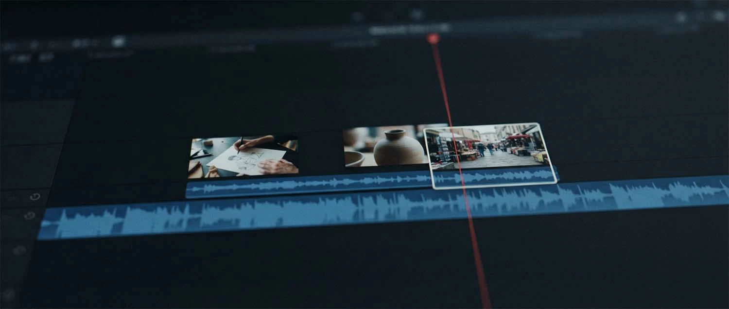 A timeline with a continuous interview audio track and b-roll clips layered above it
