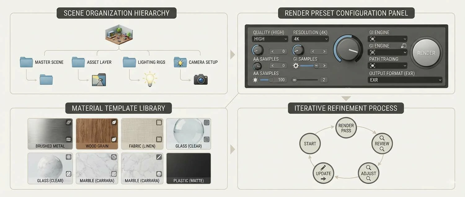 A workflow optimization diagram showing scene organization hierarchy