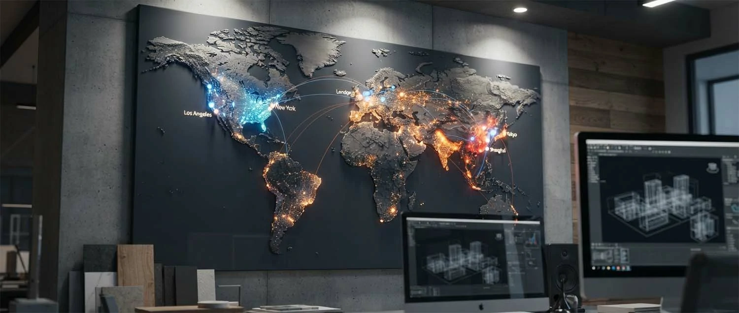 A world map highlighting major ArchViz hubs with market size data
