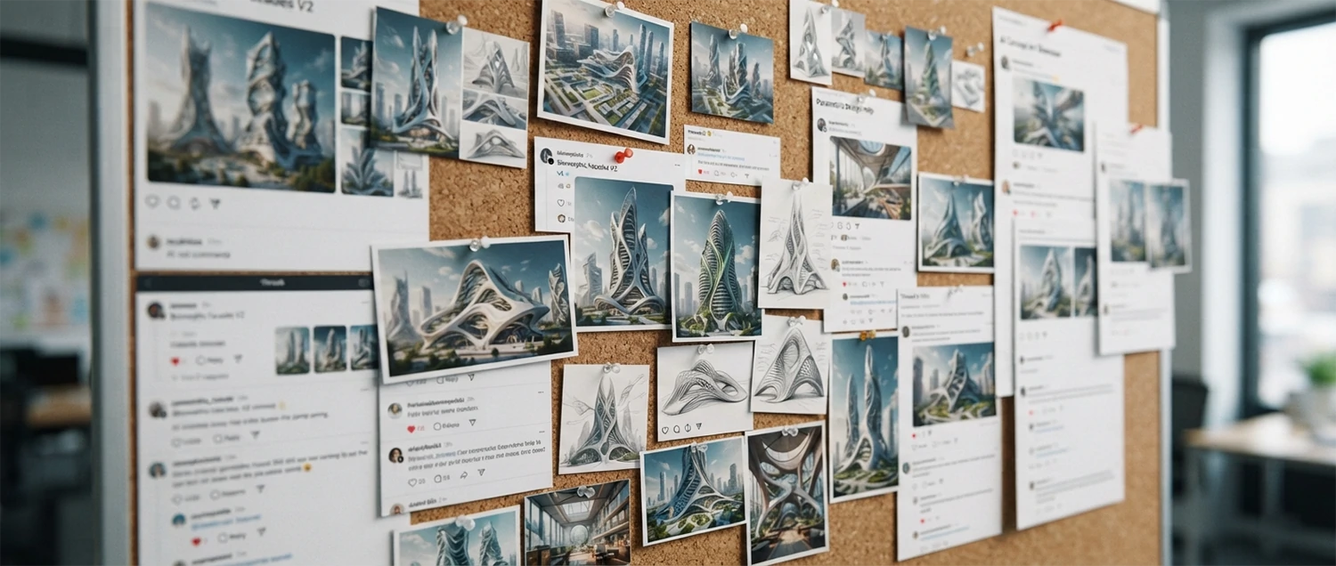 AI architecture community collage showing online forums and shared creations
