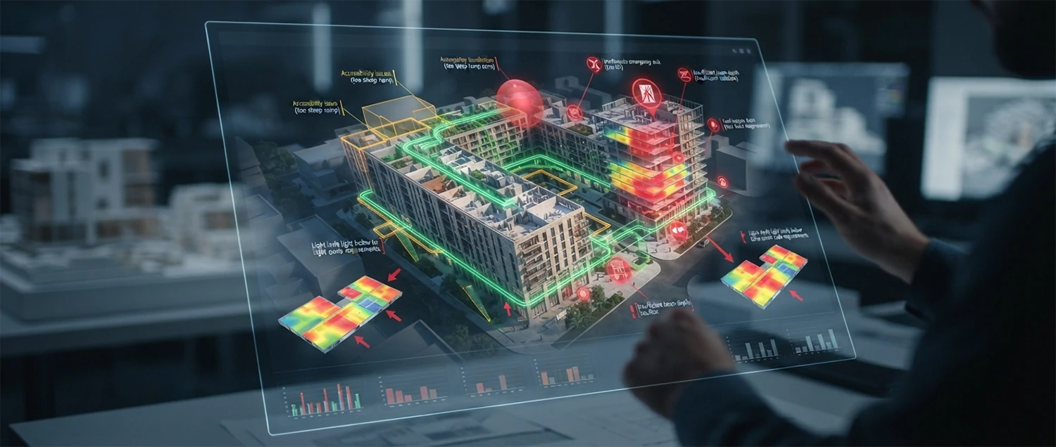 AI code compliance interface showing design analysis and violations