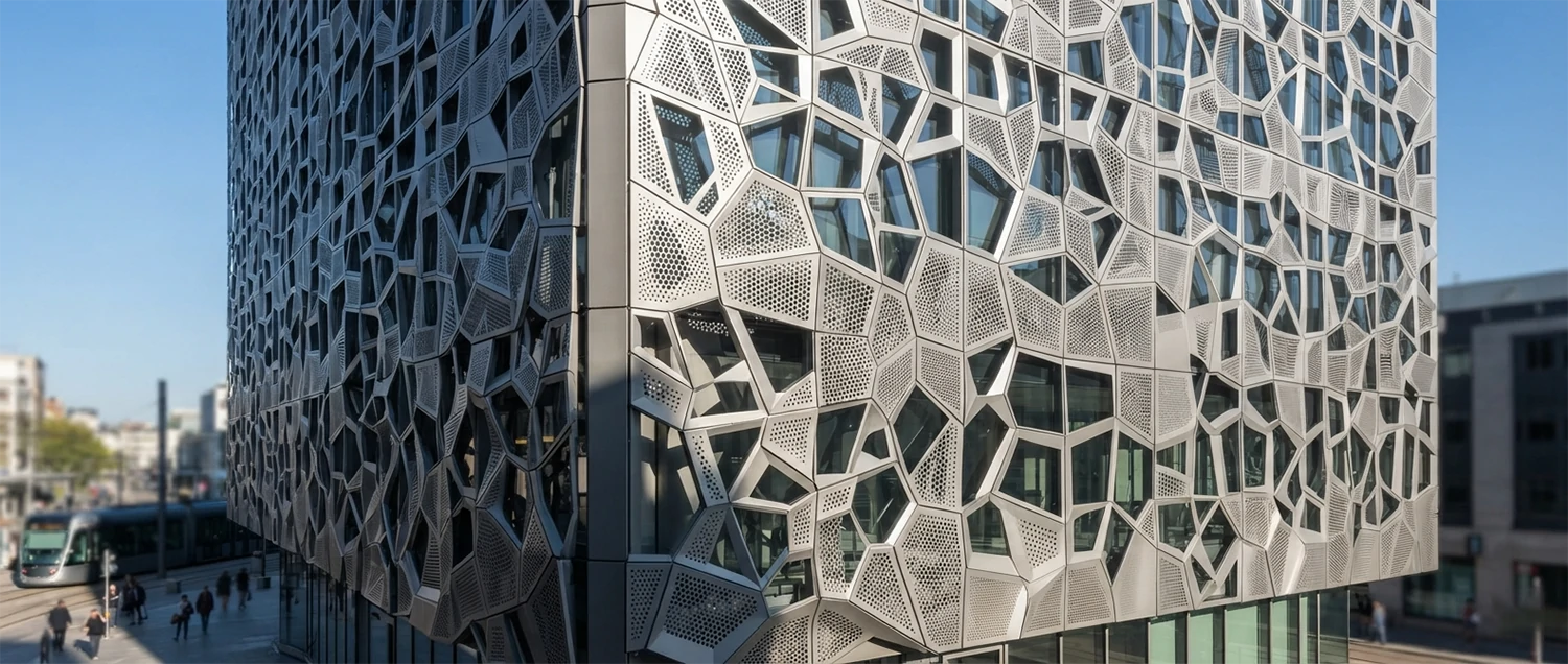 AI-designed building facade showing pattern generation and shading optimization