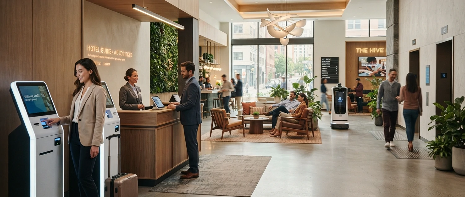 AI-designed hotel lobby showing guest experience optimization