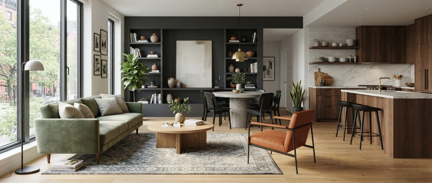 AI-designed interior space showing furniture layout and material palette