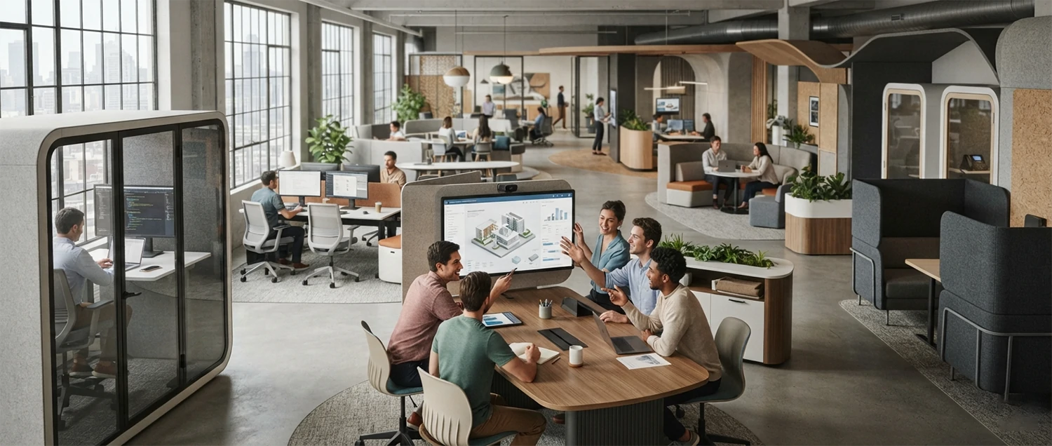 AI-designed open office plan showing collaborative and focus zones
