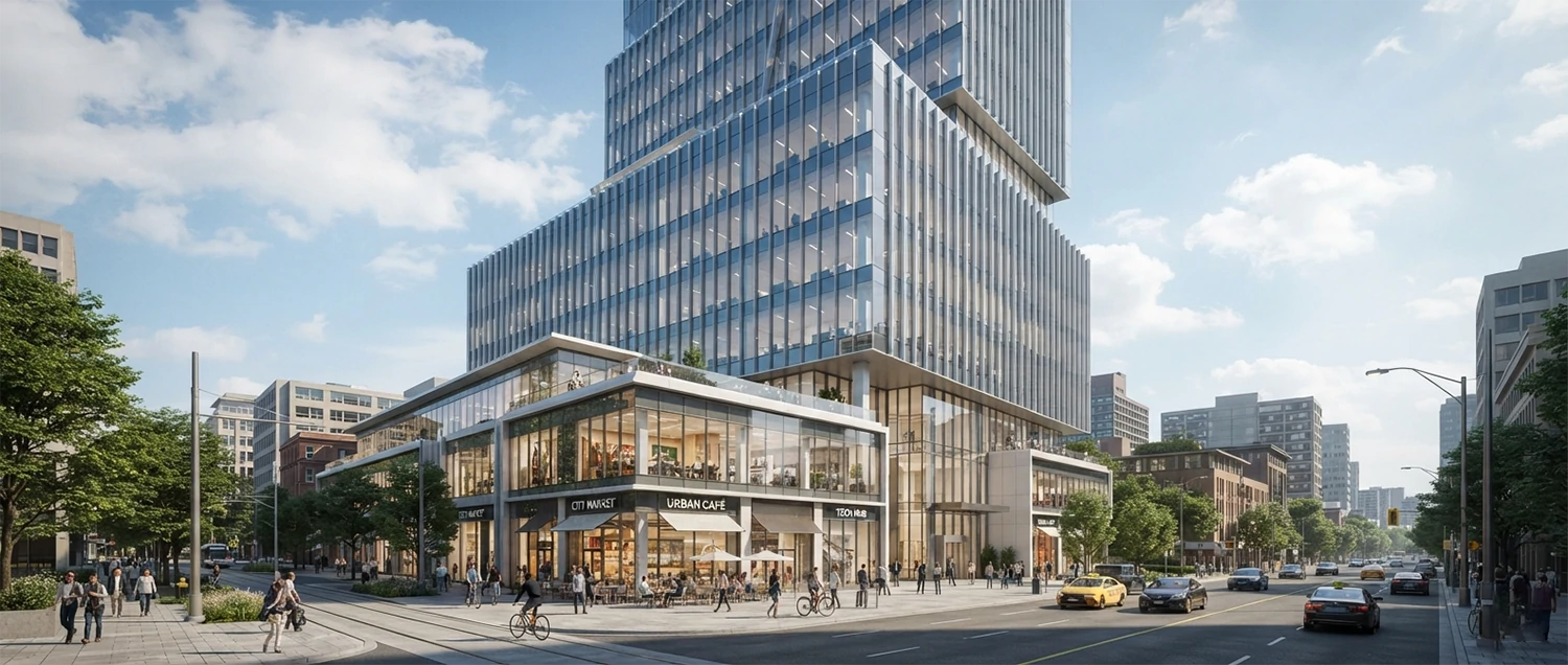 AI-generated commercial building design showing office tower with retail base