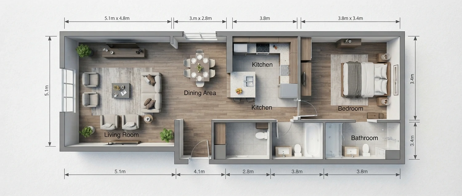AI-generated floor plan showing furnished rooms with dimension annotations