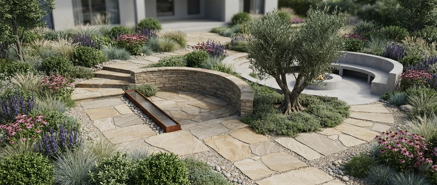 AI-generated landscape design showing planting plan and hardscape integration