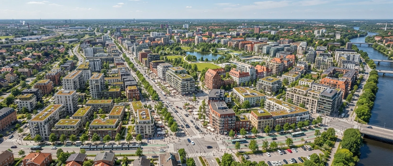 AI-generated master plan showing urban neighborhood with mixed-use development