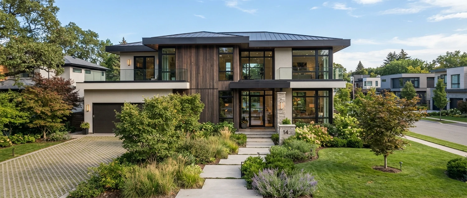 AI-generated residential design showing modern home exterior with landscape