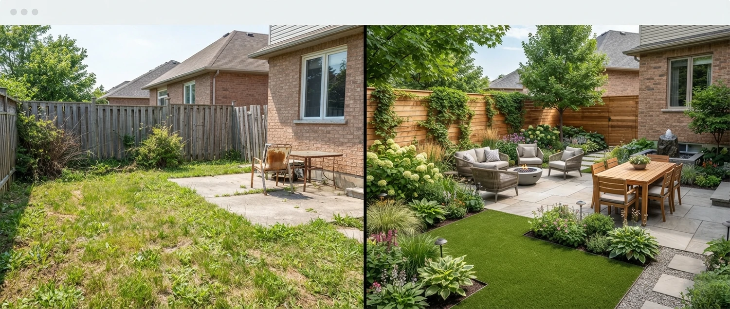 AI landscape design showing before and after yard transformation