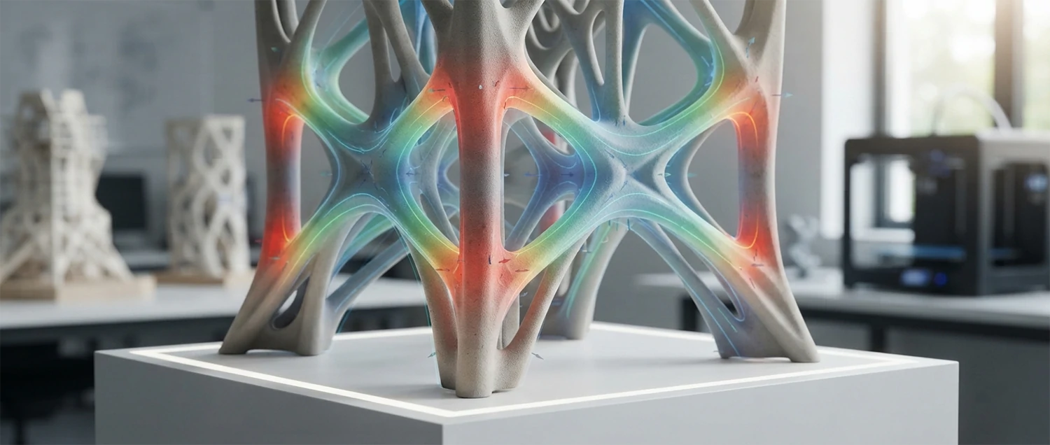 AI-optimized structural system showing topology optimization and load distribution