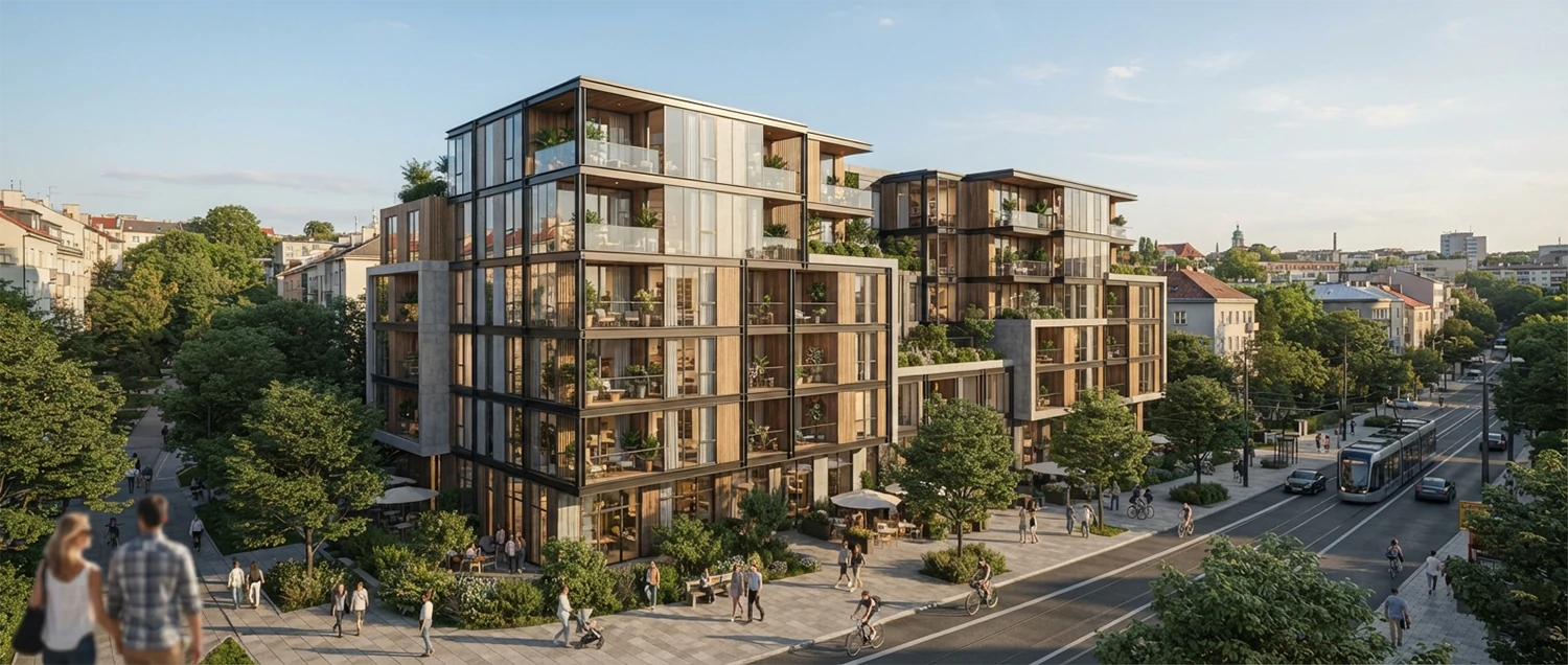 AI-rendered architectural visualization showing photorealistic building with context