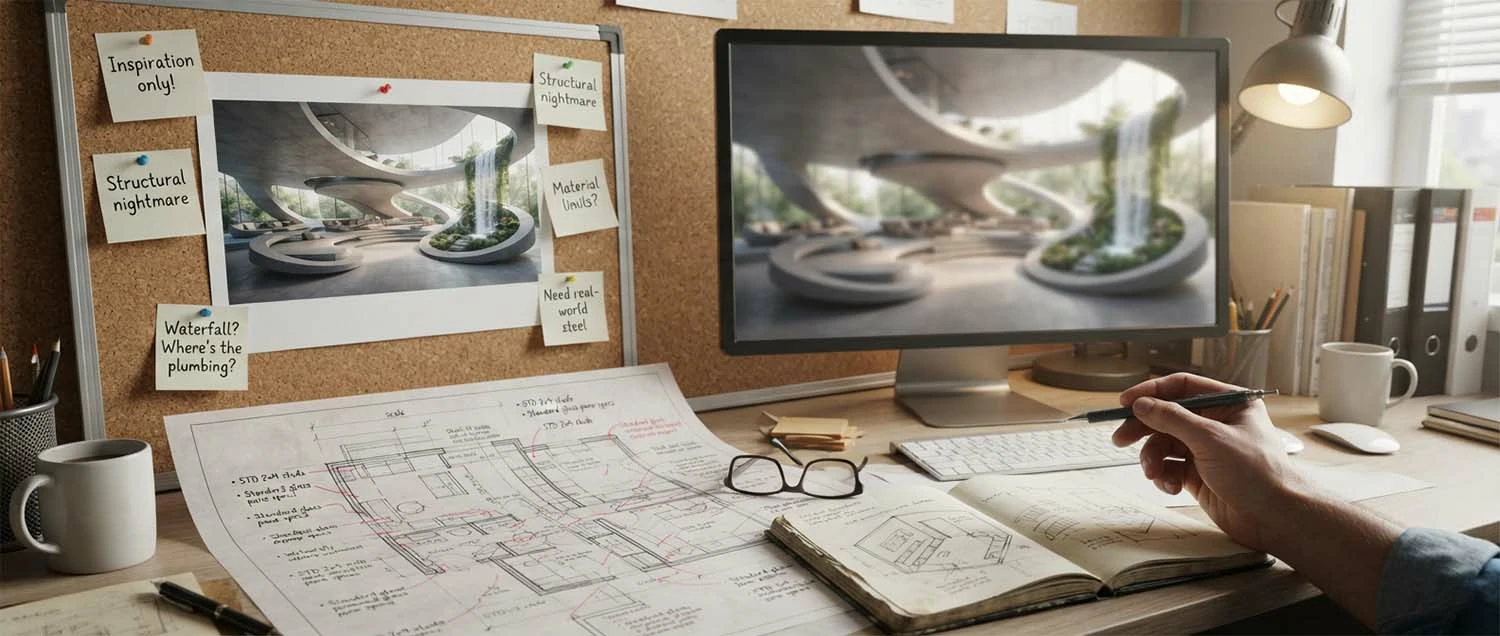 An AI render treated as inspiration, not a buildable plan