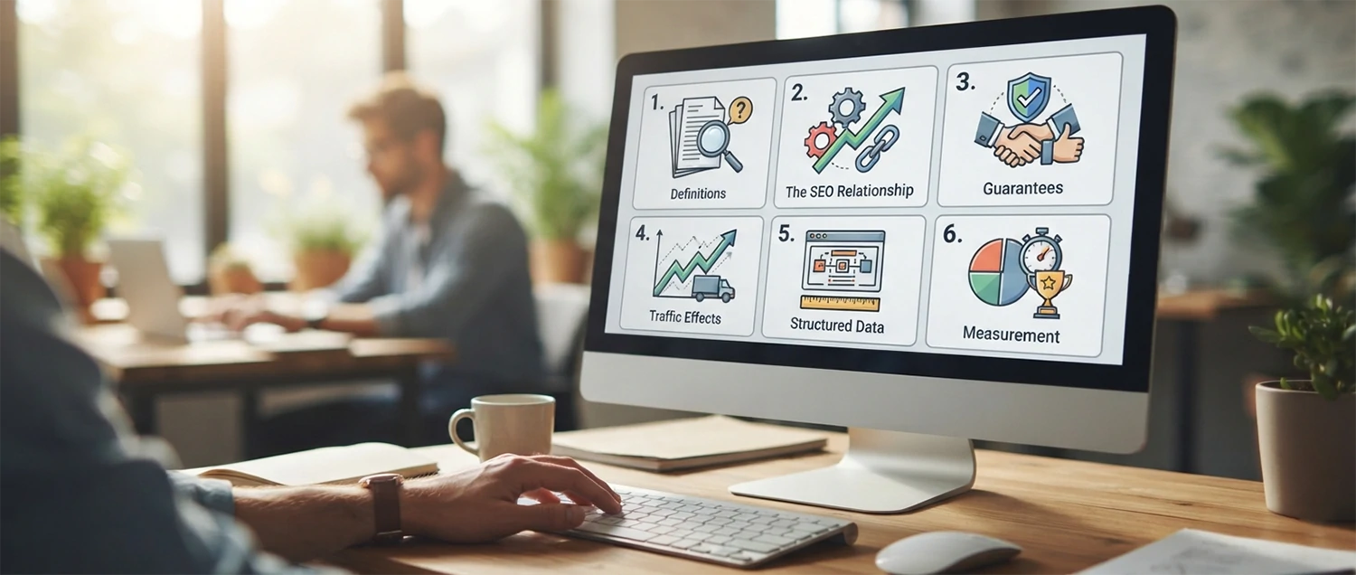 An FAQ board covering definitions, the SEO relationship