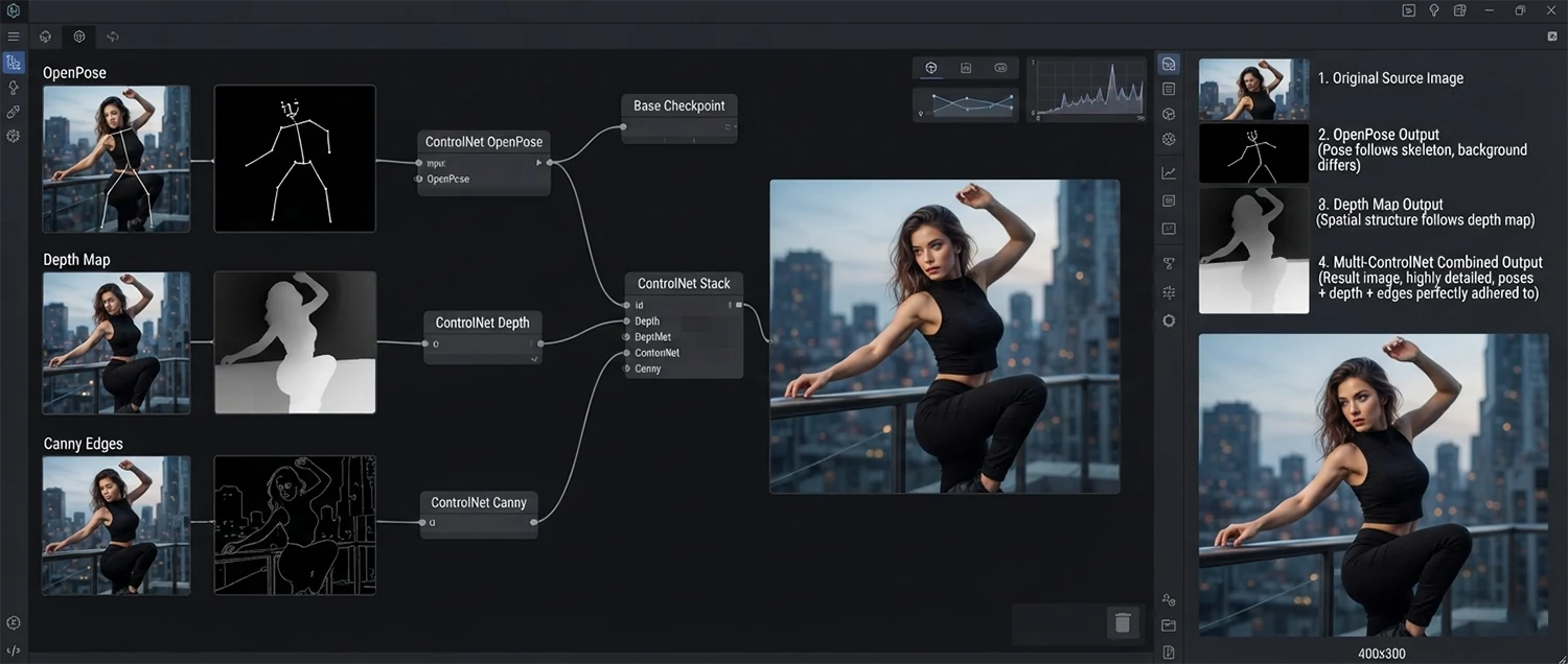 An advanced control techniques showcase showing ControlNet types comparison