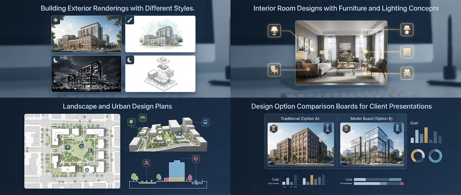 An architectural visualization showcase showing building exterior renderings with different styles