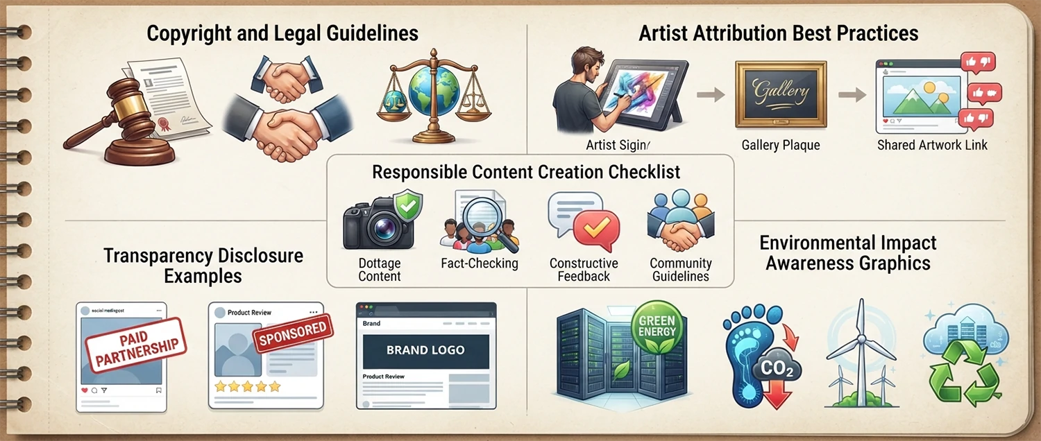 An ethical considerations infographic showing copyright and legal guidelines