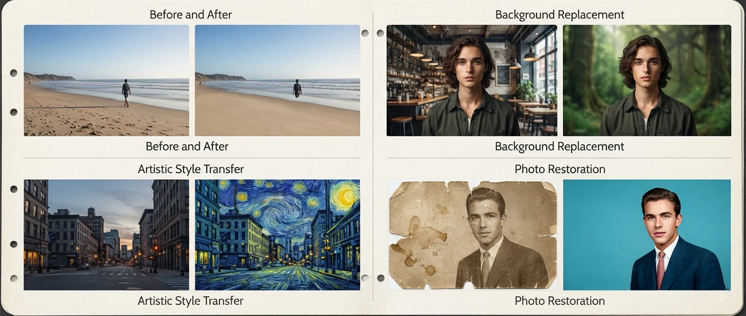 An image editing showcase showing inpainting object removal before and after