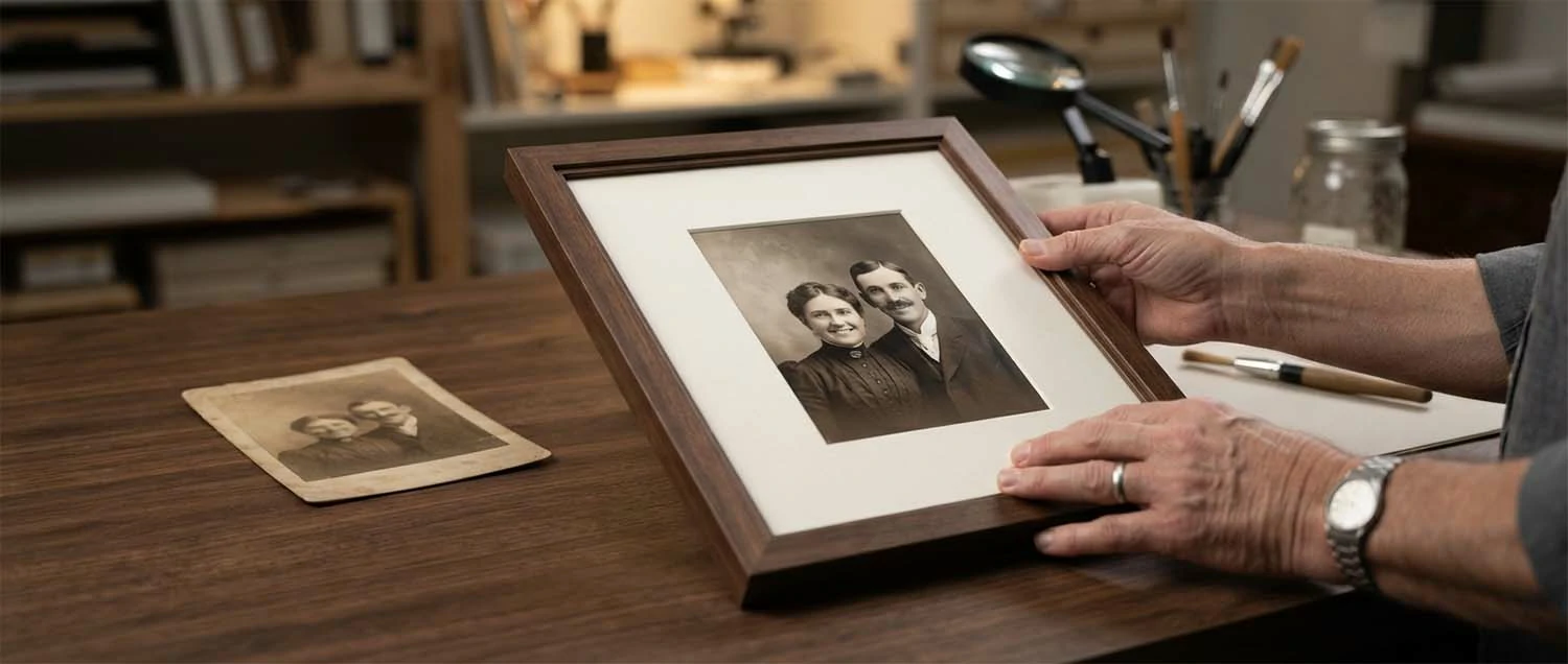 An old, soft photograph enlarged and sharpened for framing