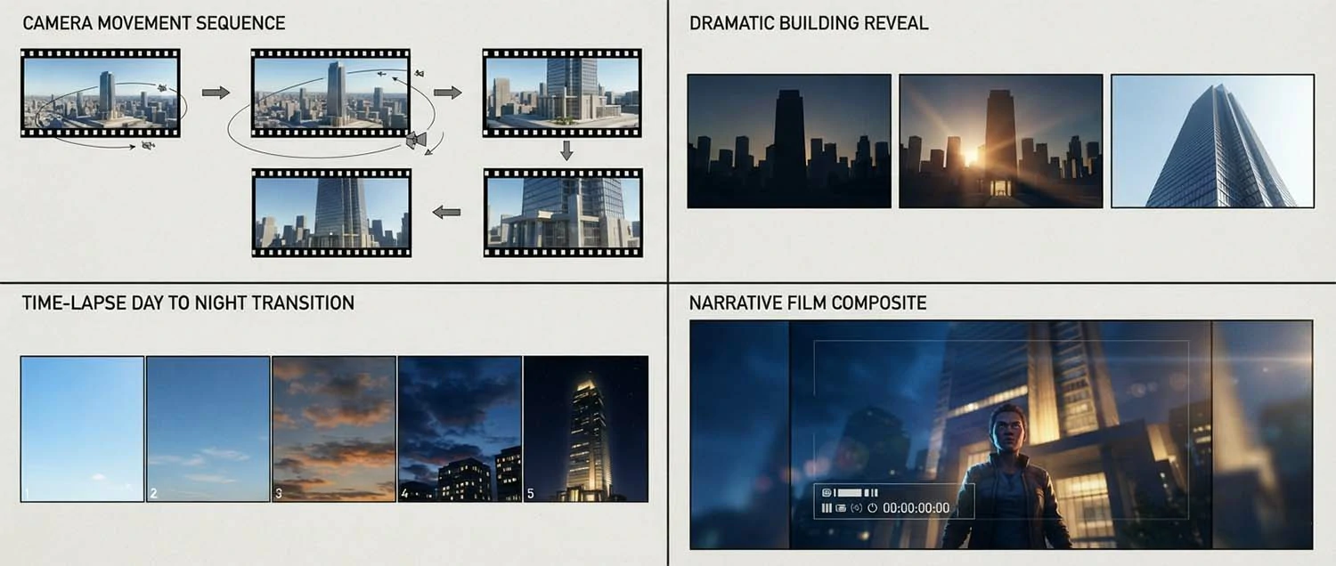 Animation storyboard frames showing camera movement sequence