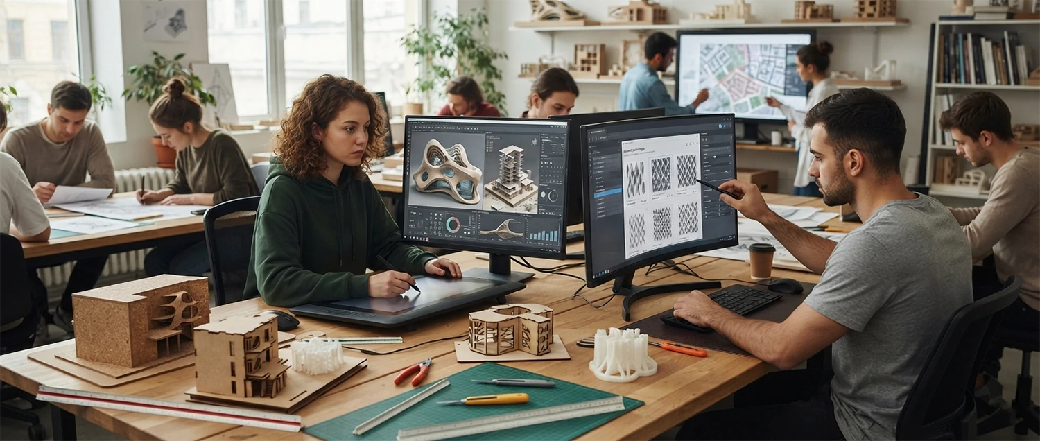 Architecture studio environment showing students using AI design tools