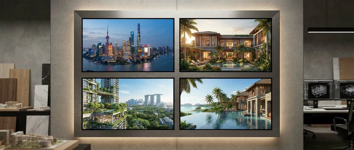 Asian ArchViz studio highlights showing Shanghai skyline renderings