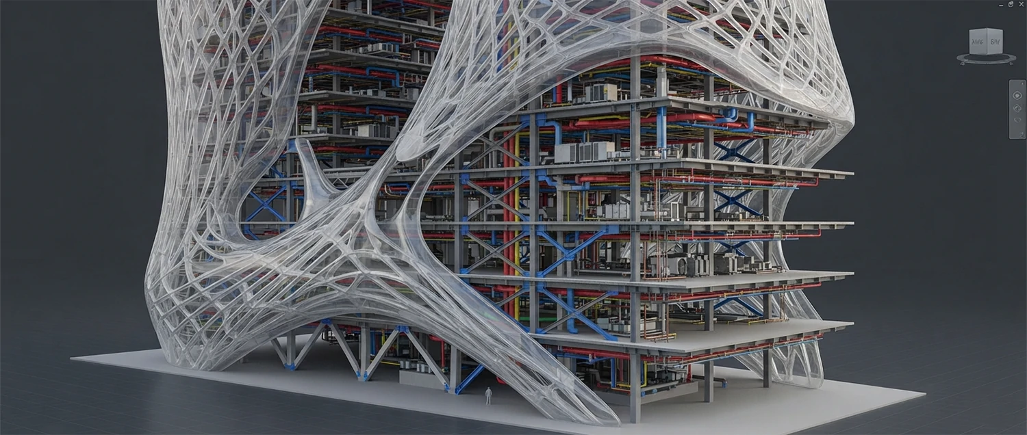 BIM model showing AI-generated architectural elements integrated with structural and MEP systems