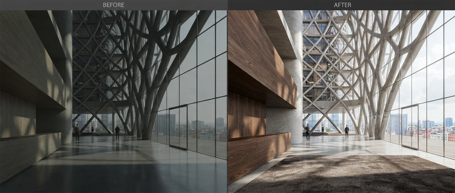 Before and after comparison showing AI-optimized rendering quality improvement