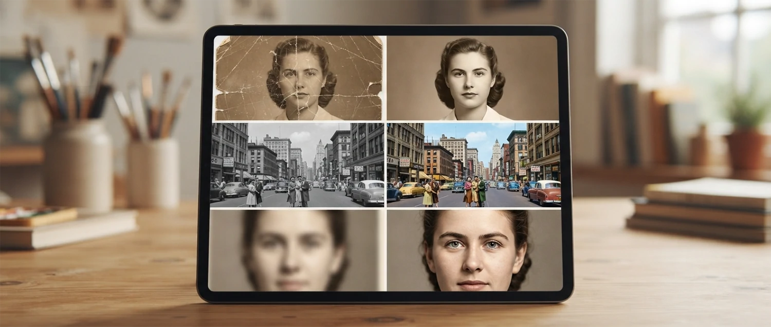 Before and after examples of AI photo restoration showing damaged photographs repaired