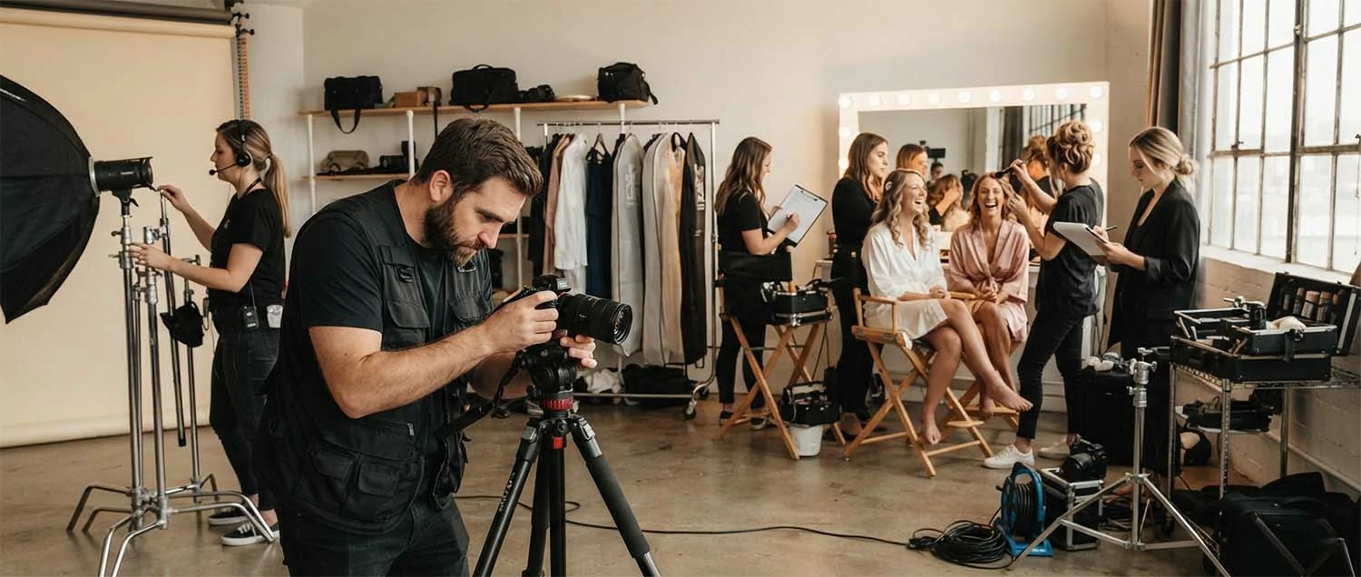 Behind the scenes photo shoot preparation showing the photographer