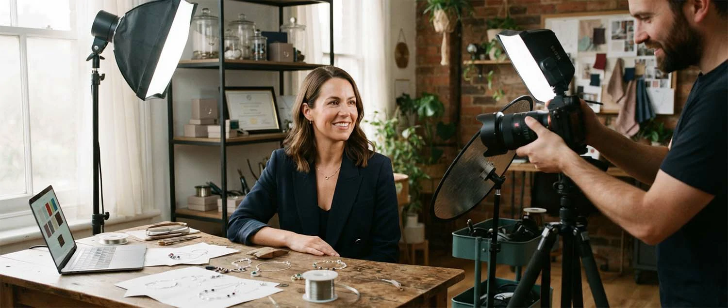 Branding photo shoot with a business owner in their workspace being photographed