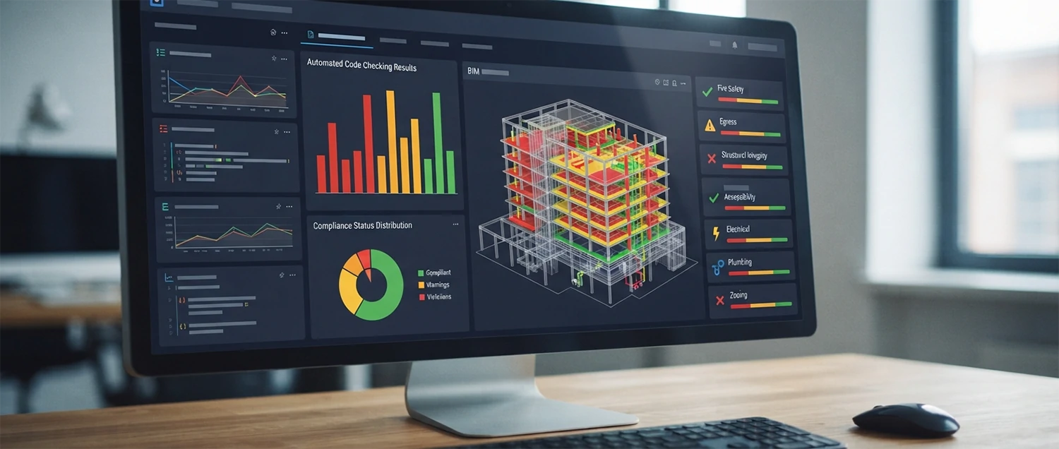 Building code compliance dashboard showing automated code checking results