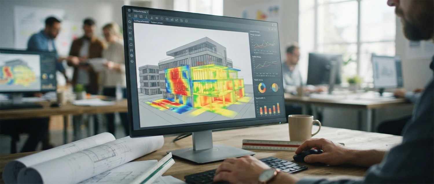 Building performance analysis showing energy, daylight, and thermal comfort visualizations
