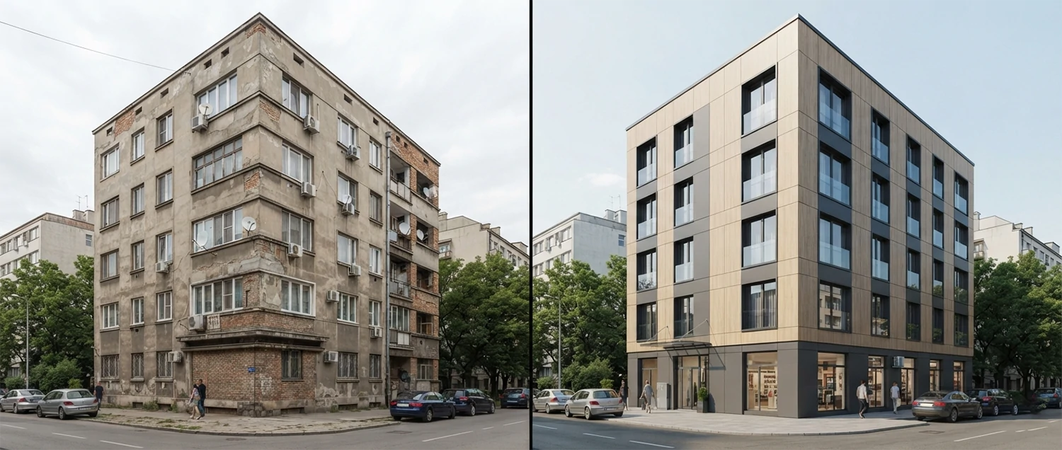 Building renovation visualization showing existing conditions and retrofit design