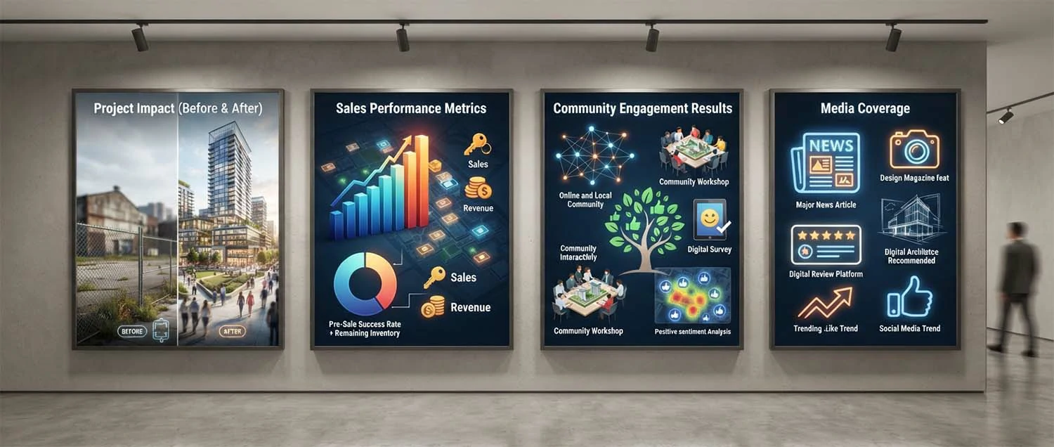 Case study panels showing before and after project impact