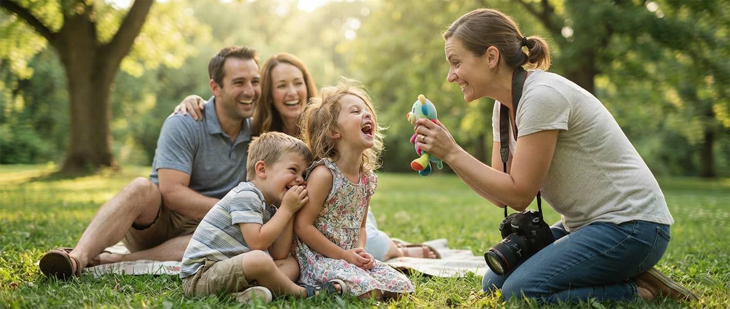 Children laughing during a family photo shoot with the photographer