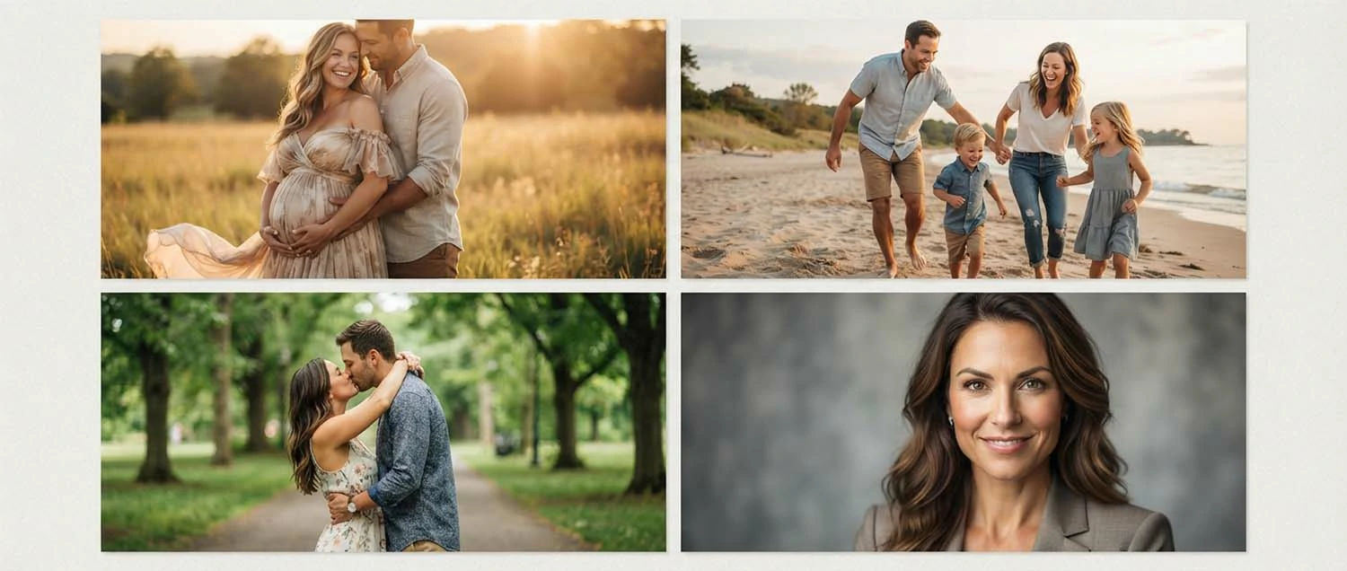 Collage of different photo shoot types including maternity family engagement headshot and boudoir sessions