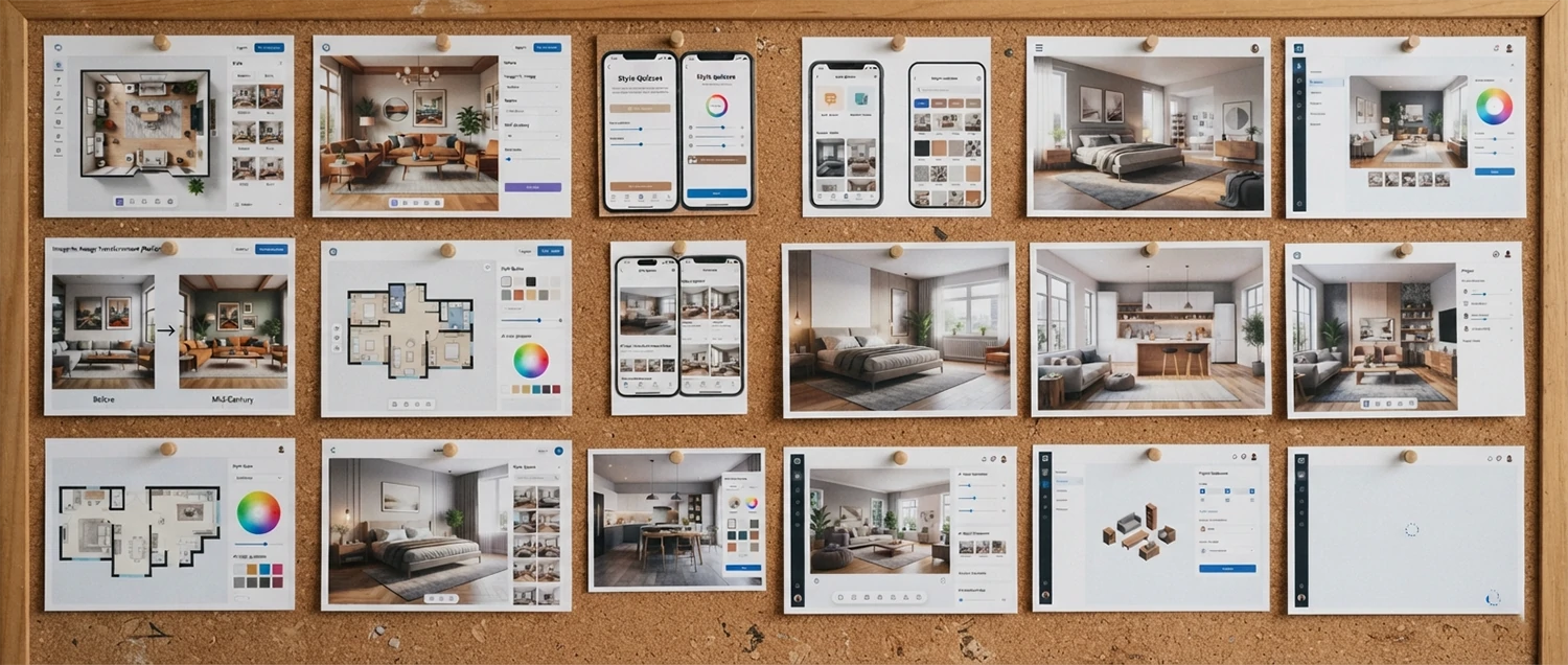 Collage of interface screenshots from various AI interior design platforms